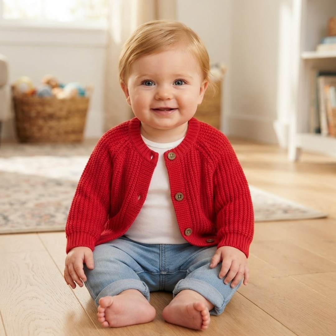 A baby sitting on a light wood floor wearing a bright red knit cardigan over a white shirt and blue jeans.