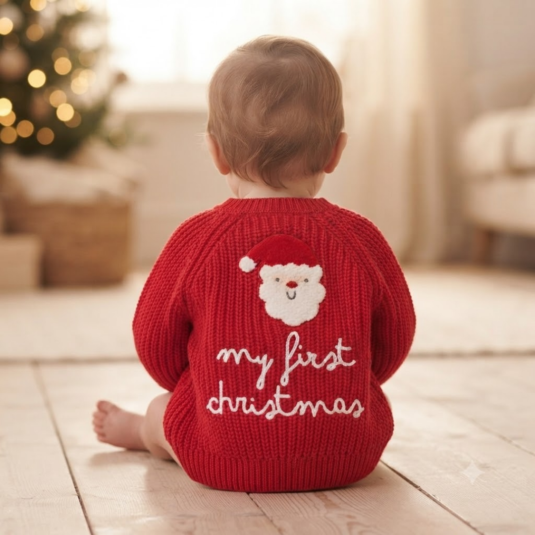 A baby sitting on a wooden floor, viewed from behind, wearing a red knit sweater with a white Santa face and the words 'my first christmas' written in white script.