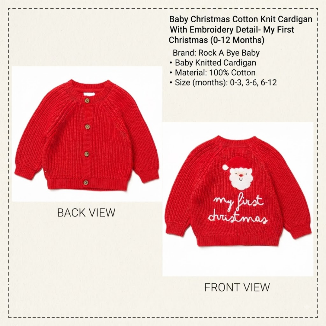 Red baby Christmas cotton knit cardigan shown from both front and back views on a light beige background with product text details. The front view shows a button-front cardigan, and the back view shows 'my first christmas' text with a Santa face graphic.