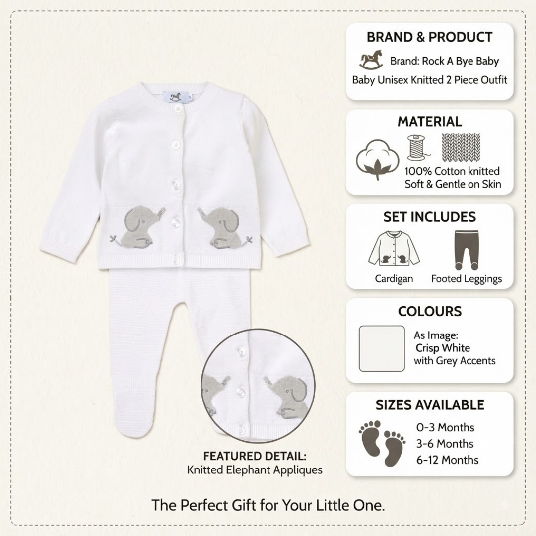 White baby unisex knit 2-piece outfit with gray elephant appliques, shown on a light beige background with product details and text callouts on the right.