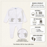 White baby unisex knit 2-piece outfit with gray elephant appliques, shown on a light beige background with product details and text callouts on the right.