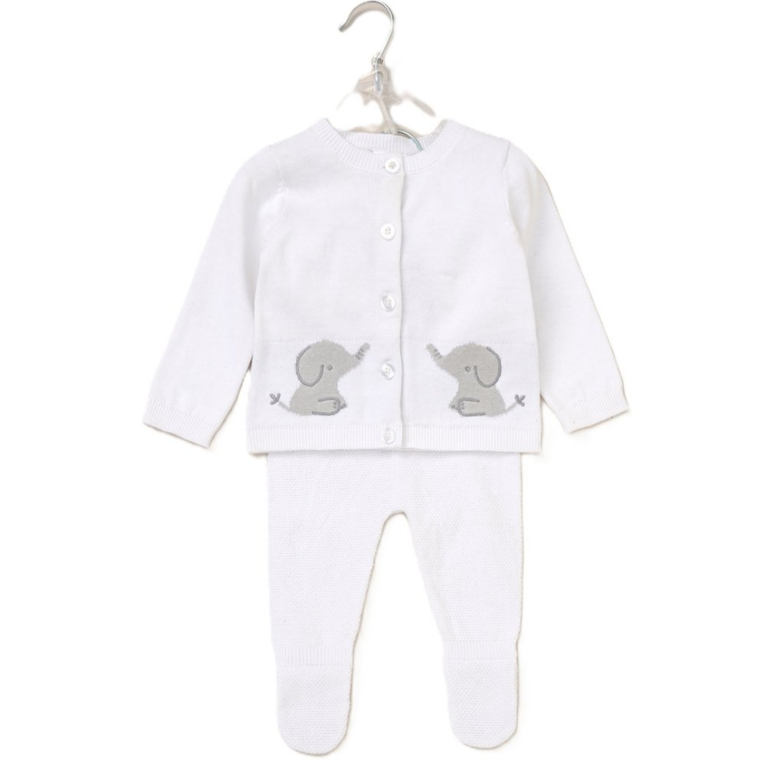 A white baby footed cardigan and matching pants set hanging on a white plastic hanger. The cardigan features a button-up front, long sleeves, and two gray embroidered elephant designs on the front.