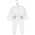 A white baby footed cardigan and matching pants set hanging on a white plastic hanger. The cardigan features a button-up front, long sleeves, and two gray embroidered elephant designs on the front.