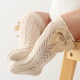 Summer Baby Girls Knee High Socks - Bow & Hollow Out Lace Design - Soft Cotton Mesh for Toddlers (0-12M) - Little Fashion