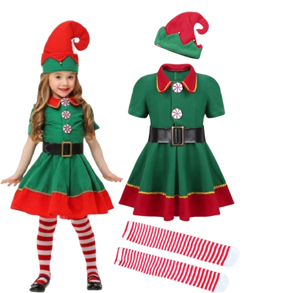 Elf costume set with dress, hat, and striped socks on a white background