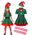 Elf costume set with dress, hat, and striped socks on a white background