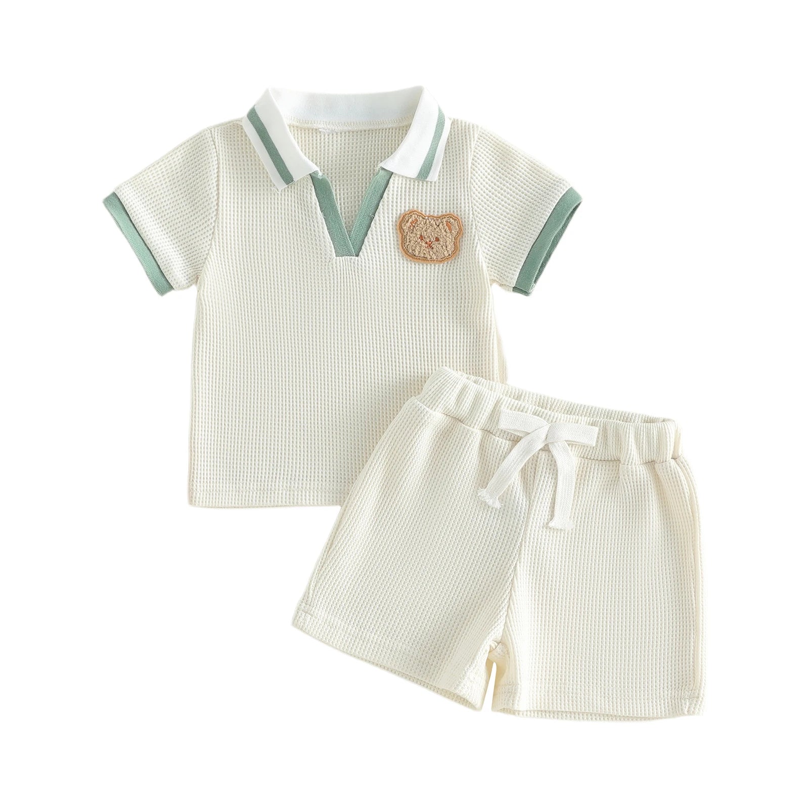 Toddler Boys 2Pcs White Waffle Knit Shorts Set (Summer Outfit)