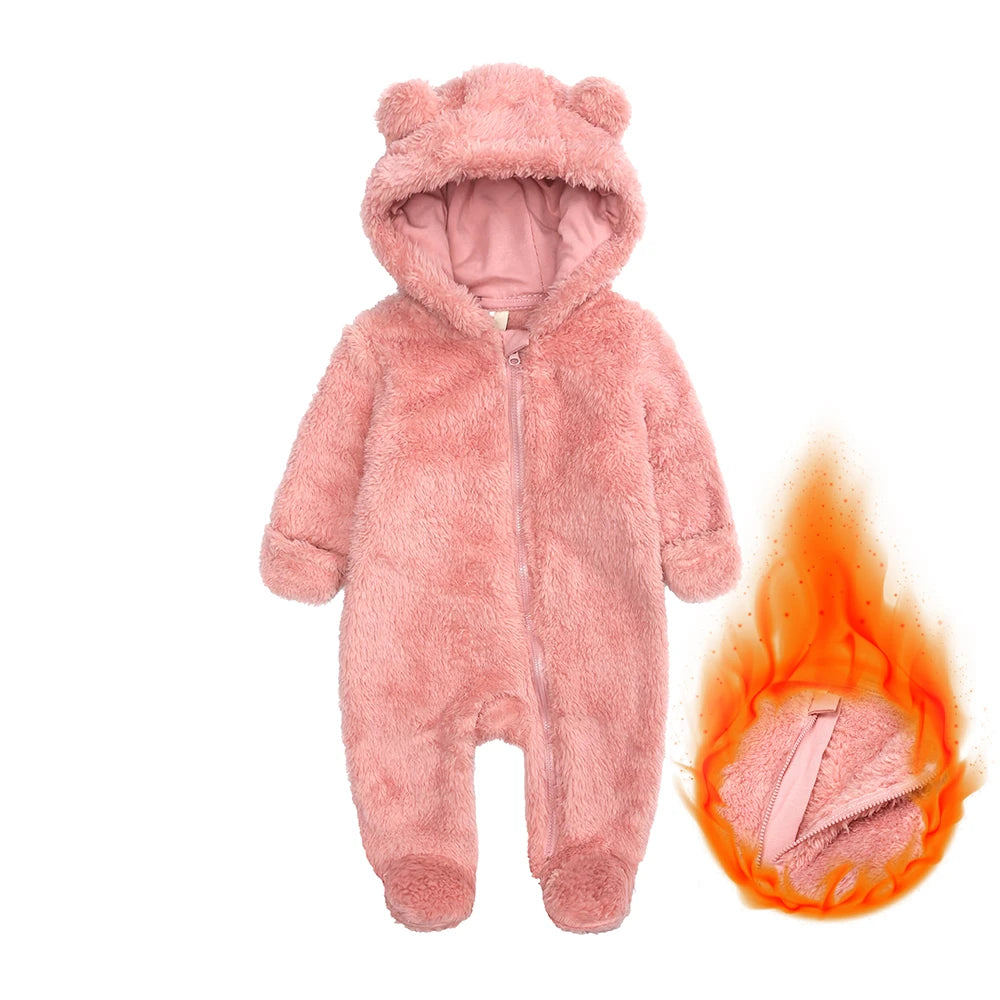 Pink fluffy baby snowsuit with bear ears and inset showing texture
