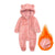 Pink fluffy baby snowsuit with bear ears and inset showing texture