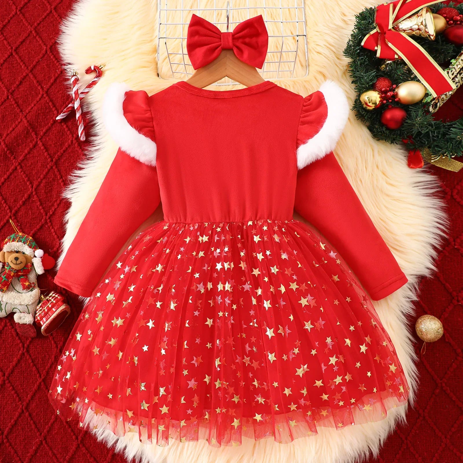 New Girls Velvet Tulle Christmas Dress | Long Sleeve + Bow