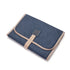 Blue denim pouch with beige strap on a white background