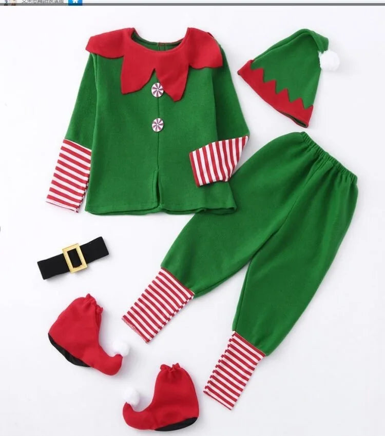 Children's elf costume set with green jacket, pants, hat, and shoes on a white background