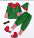 Children's elf costume set with green jacket, pants, hat, and shoes on a white background