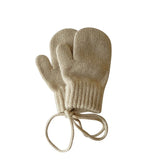 Pair of beige knitted gloves with a drawstring on a white background