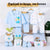 Baby clothing set with cartoon designs on hangers and packaging boxes.