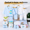 Baby clothing set with cartoon designs on hangers and packaging boxes.