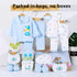 Baby clothing set with cartoon designs on hangers and packaging boxes.