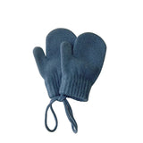 Pair of blue knit mittens on a white background
