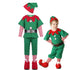 Children's elf costume with green and red outfit, hat, and shoes on a white background