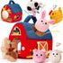 Children's farm toy set with plush animals and barn structure on a white background