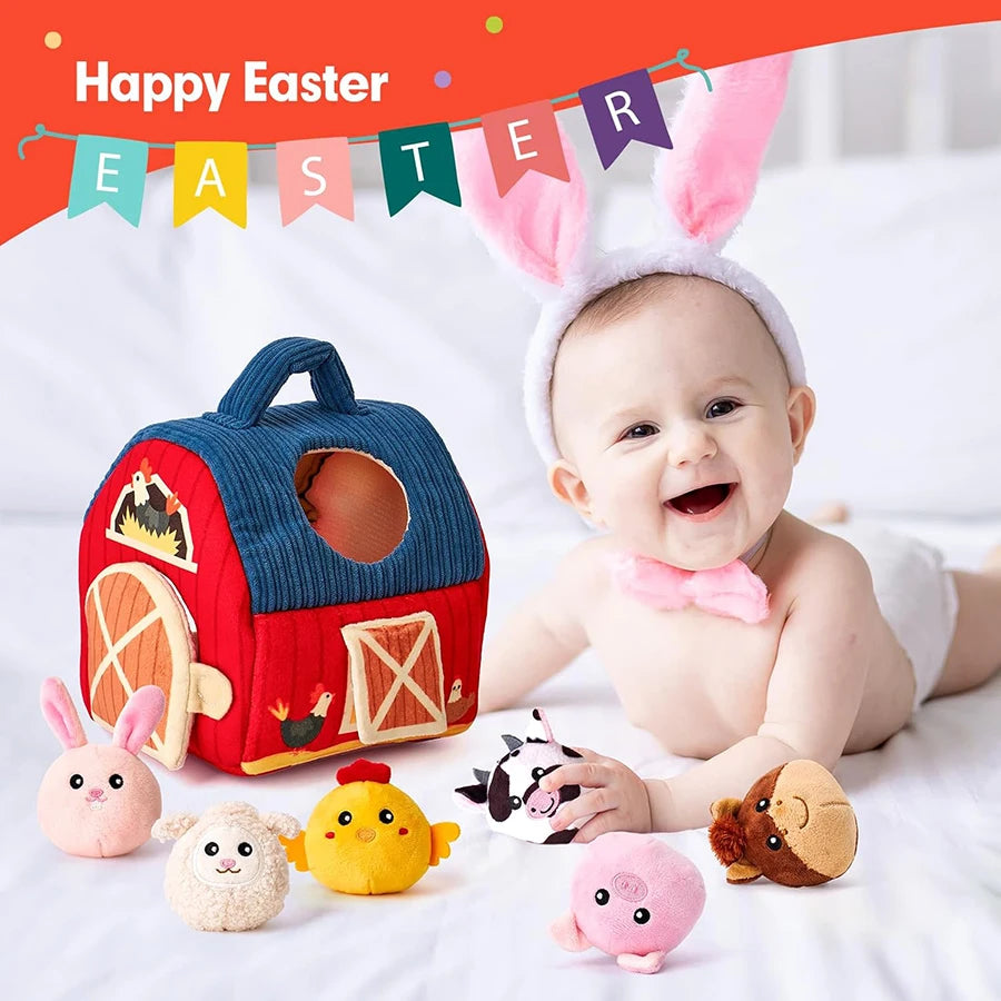 Baby wearing bunny ears with Easter-themed toys and a 'Happy Easter' banner.