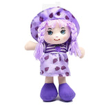Plush doll with purple outfit and matching hat on a white background