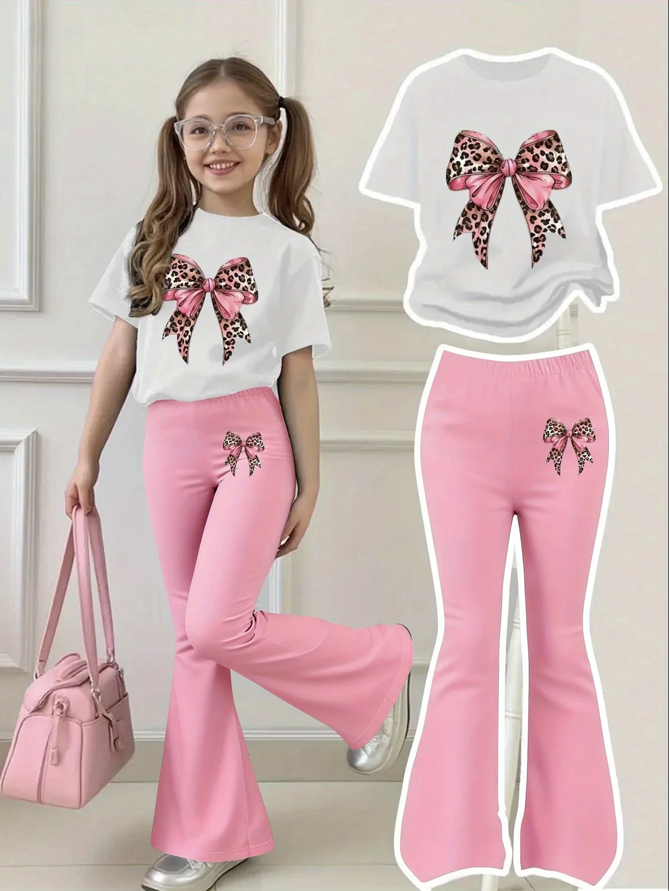 Girls Pink Leopard Bow Top & Bell-Bottom Pants Set