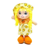 Plush toy with yellow dress and hat on a white background