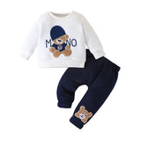 Children's outfit with white long-sleeve shirt and navy pants featuring teddy bear designs on a white background.