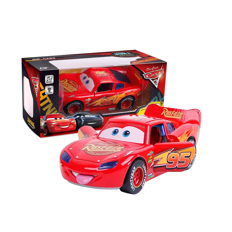 Red toy car with '95' and character face, next to its packaging, on a white background.