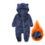 Navy blue baby onesie with bear ears and a flame inset showing fabric texture.