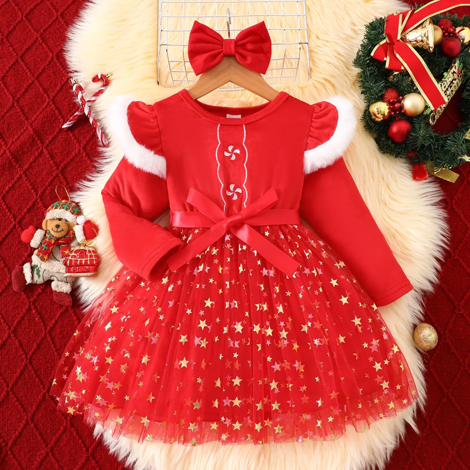 New Girls Velvet Tulle Christmas Dress | Long Sleeve + Bow