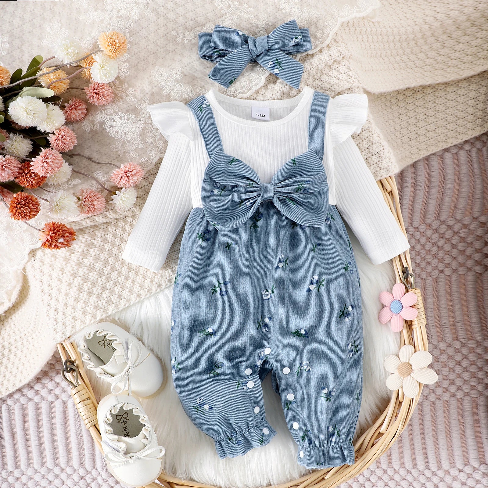 Baby outfit with blue romper, white shirt, and headband on a textured surface with flowers.