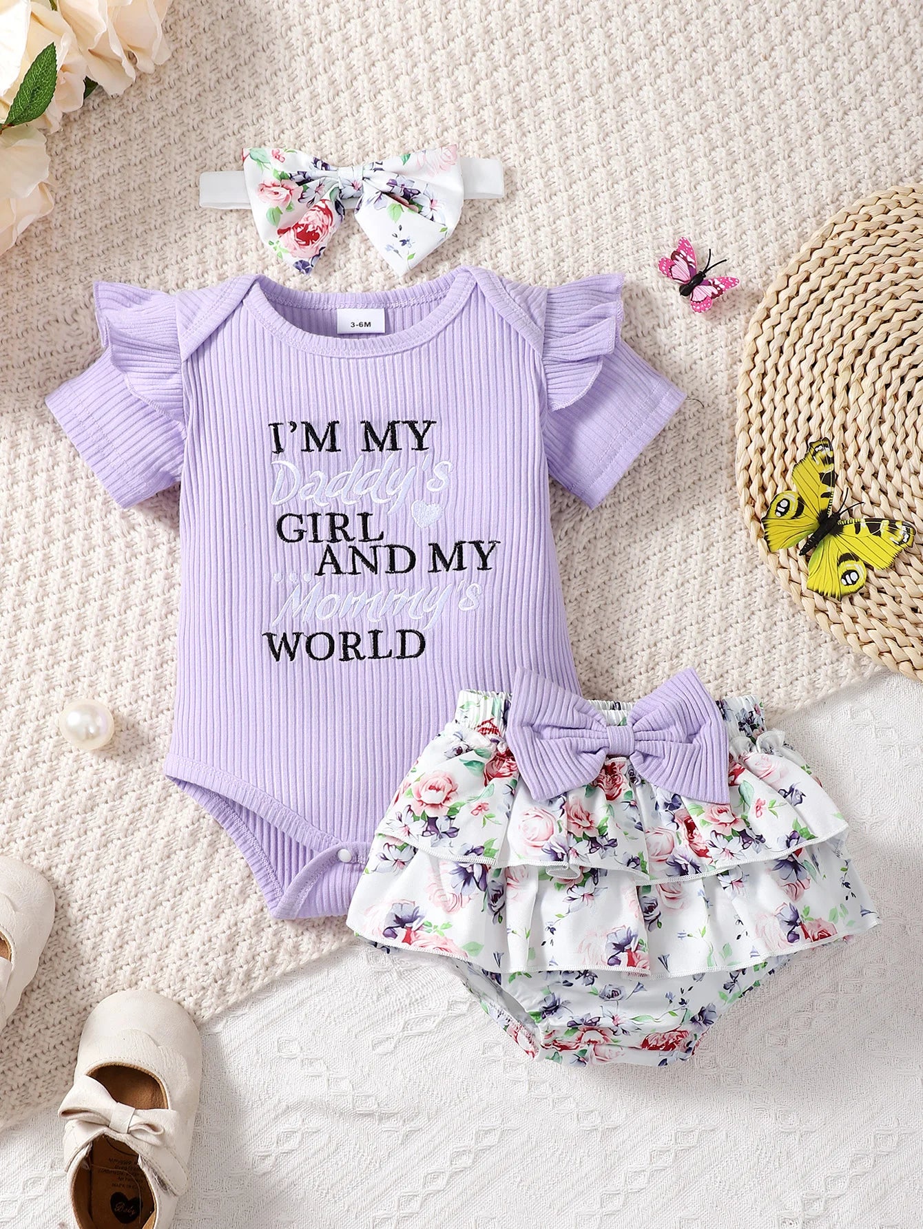 3pc Baby Girl Summer Lace Set - Short Sleeve & Headband