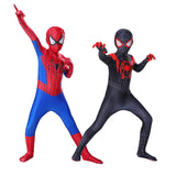 Two Spider-Man costumes, one red and blue, the other black and red, on a white background.