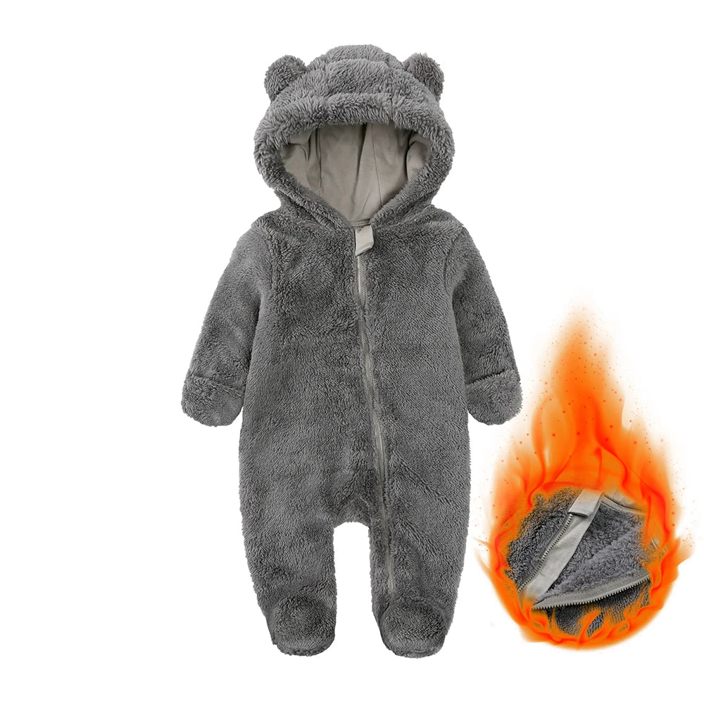 Gray baby onesie with bear ears and a flame graphic on a white background
