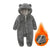 Gray baby onesie with bear ears and a flame graphic on a white background