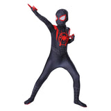 Black and red superhero costume with spider emblem on a white background