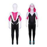 Black, white, and pink superhero costume on a mannequin against a white background