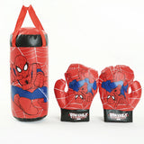 Spider-Man themed punching bag and gloves on a white background