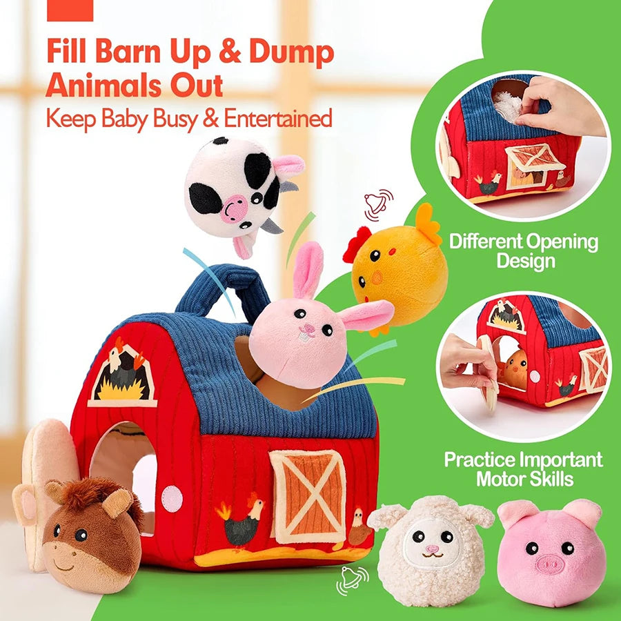 Children's toy barn with animals and text about engaging baby activities