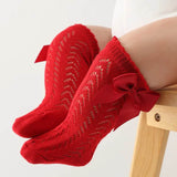 Summer Baby Girls Knee High Socks - Bow & Hollow Out Lace Design - Soft Cotton Mesh for Toddlers (0-12M)
