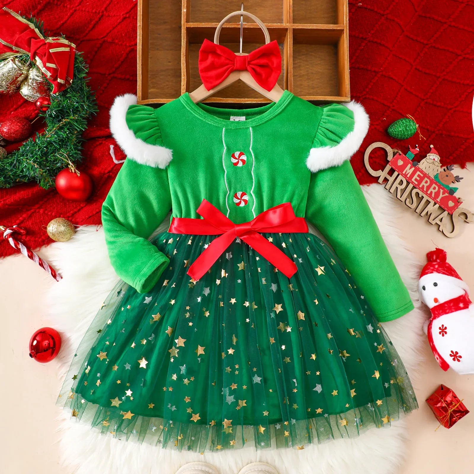 New Girls Velvet Tulle Christmas Dress | Long Sleeve + Bow