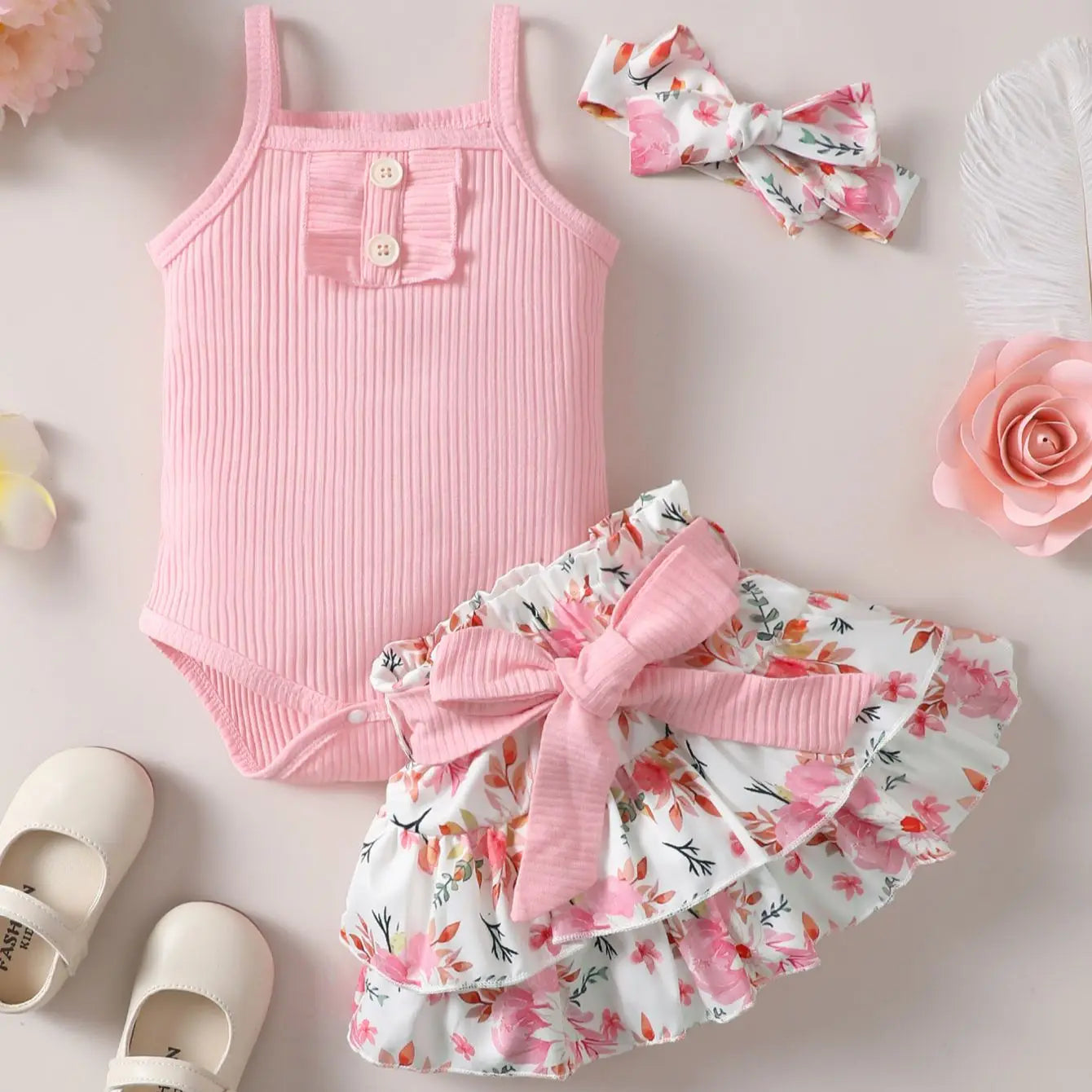 2pc Baby Girl Summer Floral Set - Sleeveless Jumpsuit