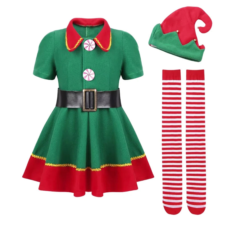 Green elf costume with red accents, hat, and striped socks on a white background