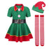 Green elf costume with red accents, hat, and striped socks on a white background