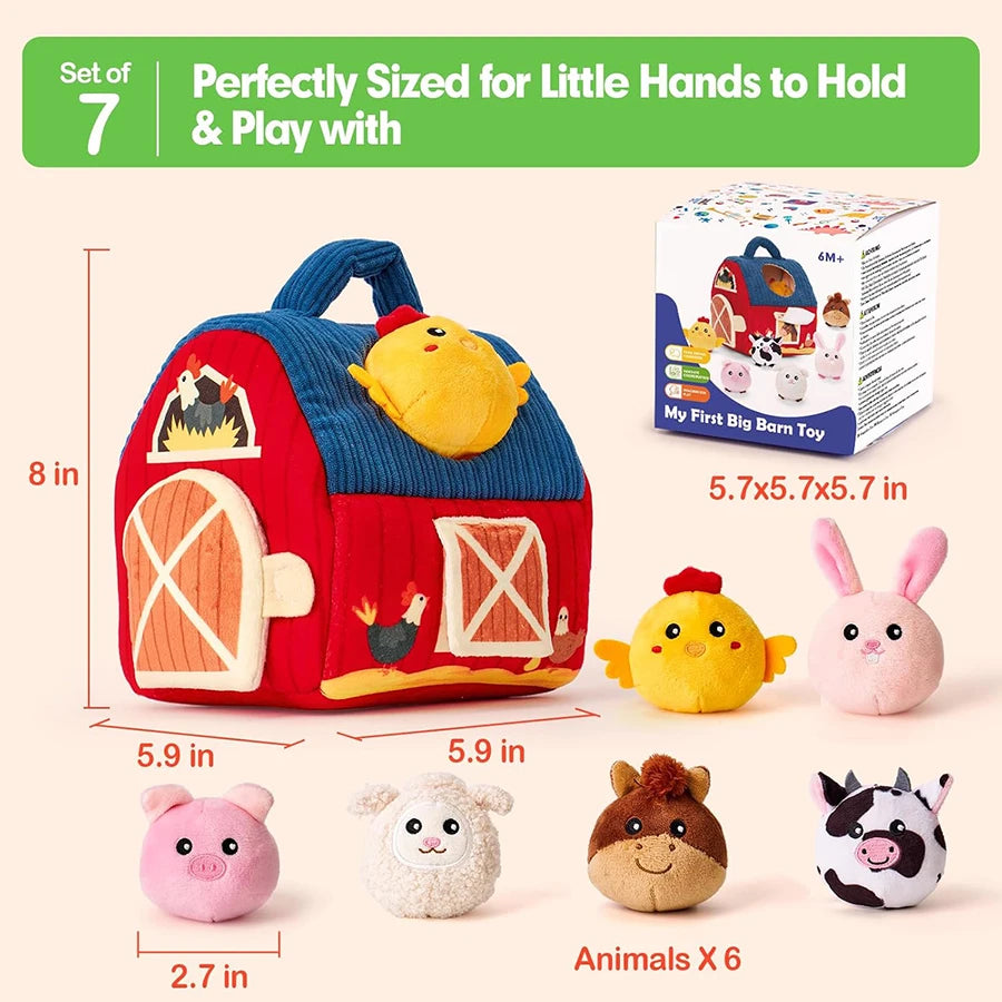 Set of 7 farm-themed toys including a barn-shaped bag and small animal figures with measurements.