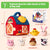 Set of 7 farm-themed toys including a barn-shaped bag and small animal figures with measurements.