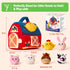 Set of 7 farm-themed toys including a barn-shaped bag and small animal figures with measurements.