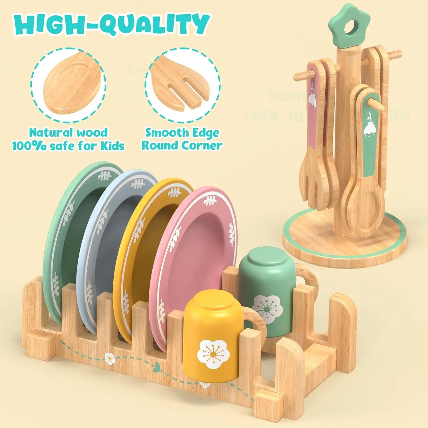 Wooden toy kitchen set with plates, cups, and a stand on a beige background